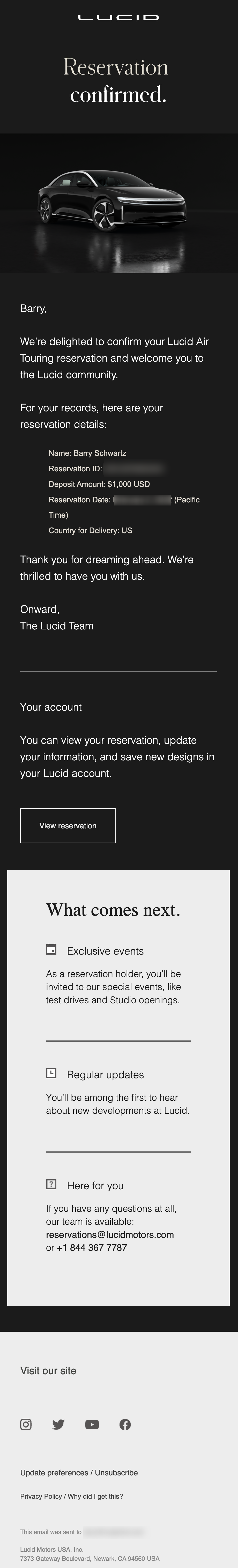 Lucid Air Reservation Email